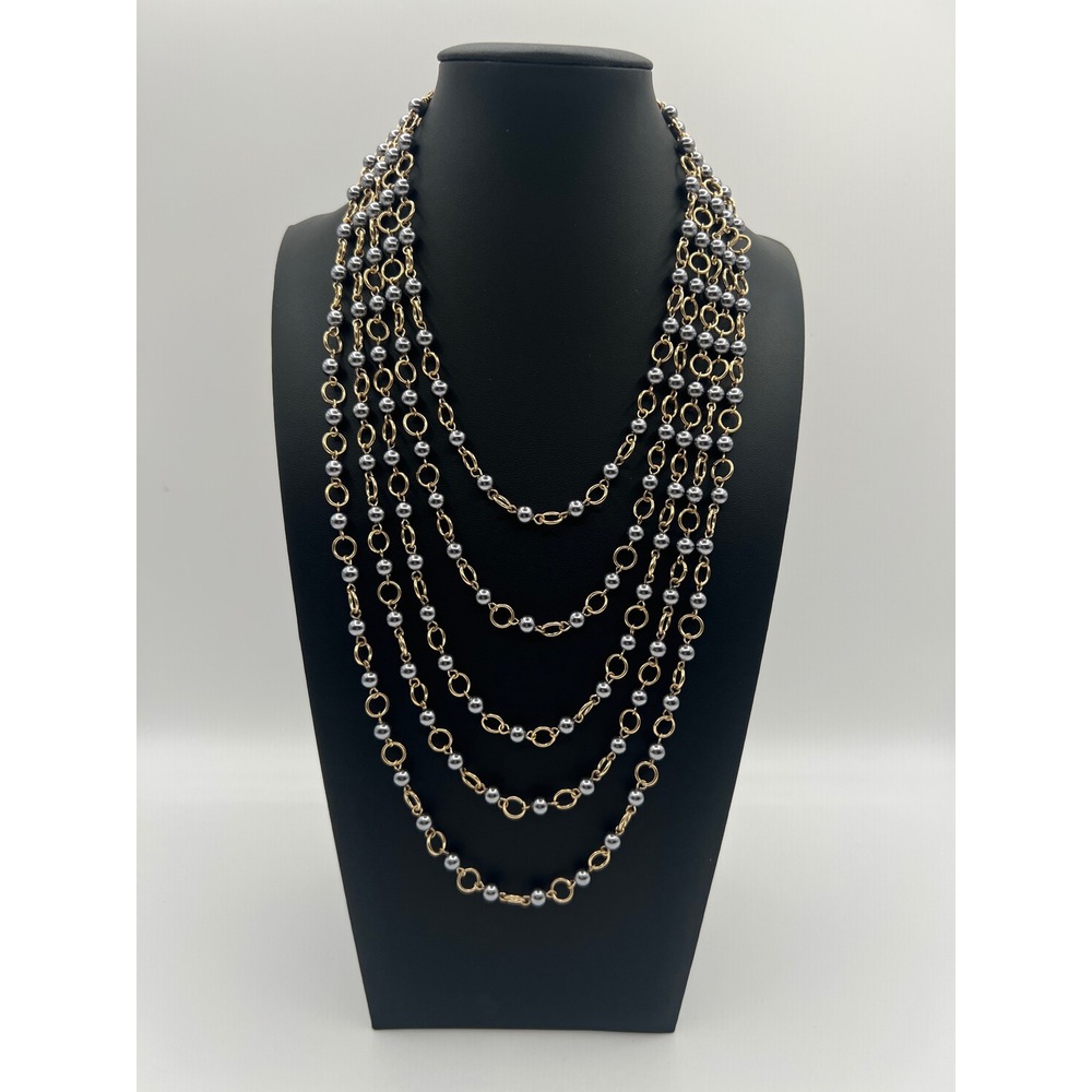 Lydell NYC Grey Faux Pearl Gold Tone 5 Strand Layered Statement Necklace NWT